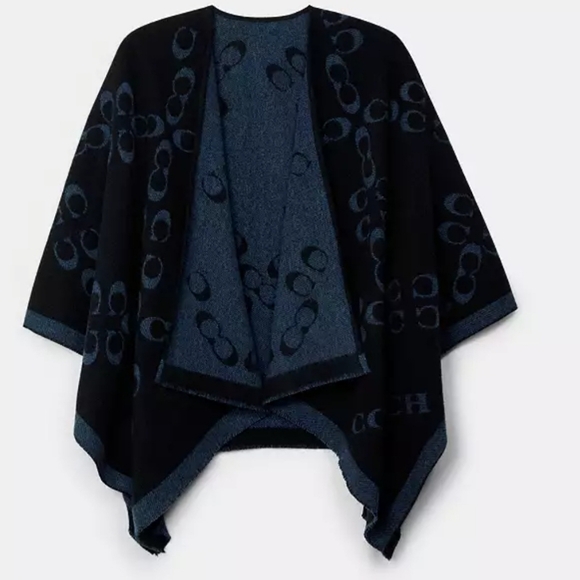 COACH TWO-TONE REVERSIBLE SIGNATURE LOGO PONCHO IN BLACK & BLUE - Picture 2 of 5